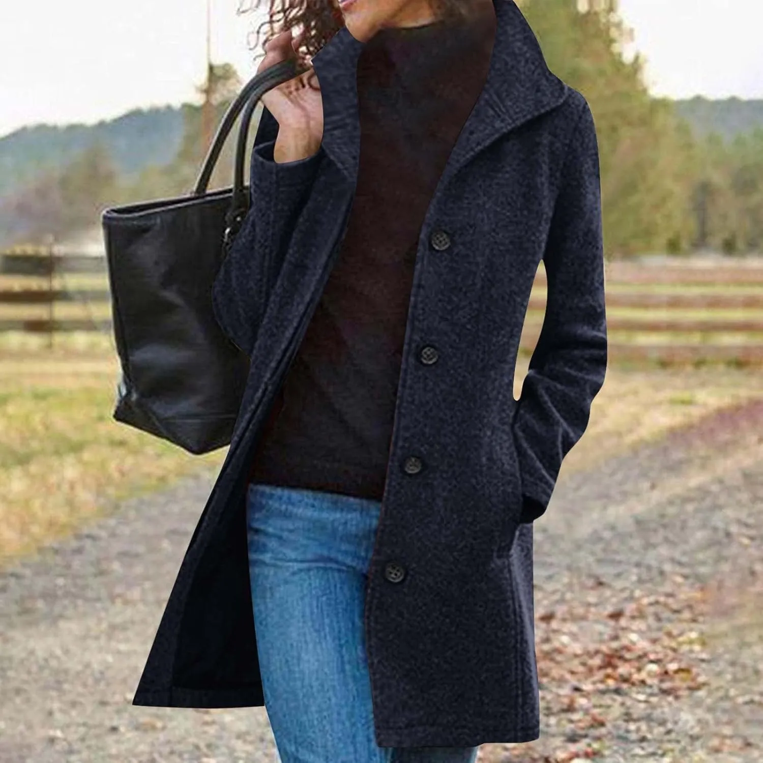 Pea Coats for Women Winter Wool Blend Trench Coat Single Breasted Mid-Thigh A-Line Pea Coat Overcoat with Pockets