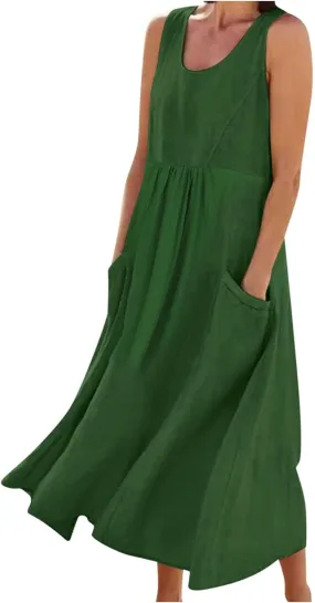 Plus Size Summer Dresses for Women Casual Sleeveless Linen Tank Dress 2025 Solid Beach Sun Dresses with Pockets