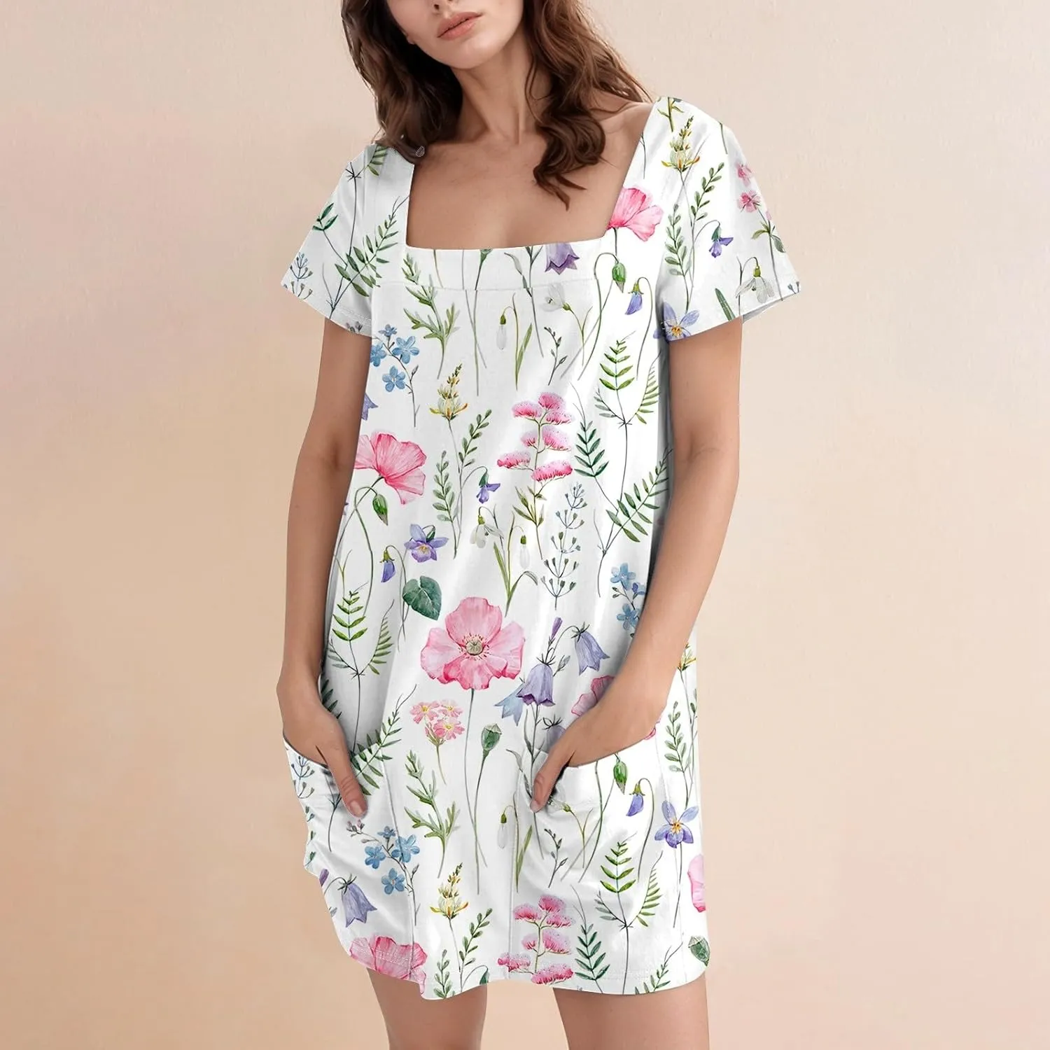 Short Sleeve Dress for Women 2025 Trendy Square Neck Summer Dress Plus Size T Shirt Dress Mini Sundress with Pockets