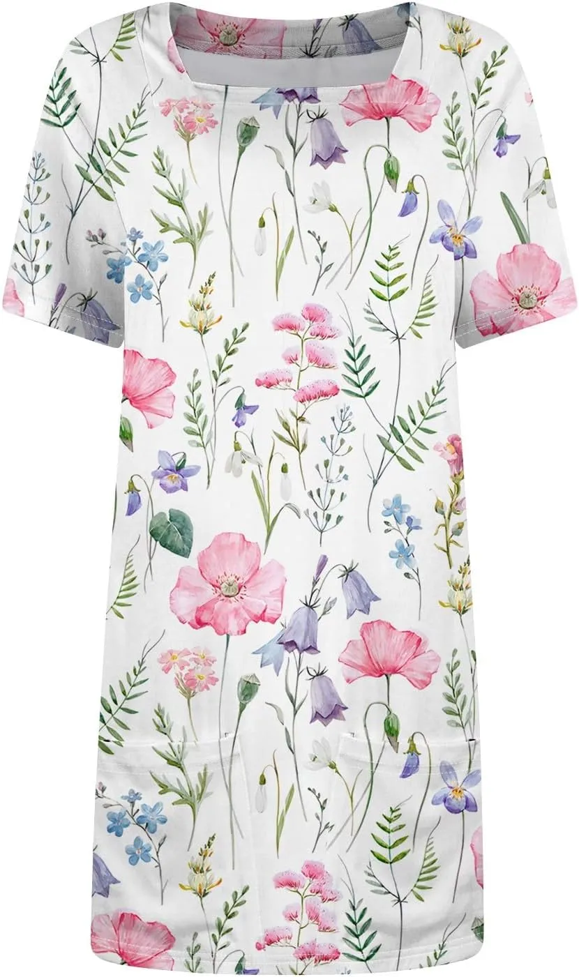 Short Sleeve Dress for Women 2025 Trendy Square Neck Summer Dress Plus Size T Shirt Dress Mini Sundress with Pockets