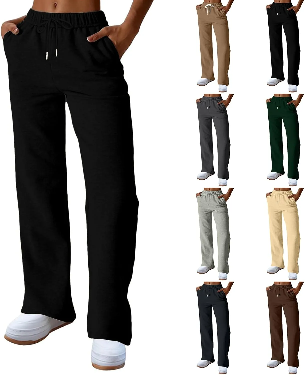 Straight Leg Sweatpants for Women Baggy Drawstring Athletic Joggers with Pockets Loose Elastic Waist Wide Leg Sweat Pants