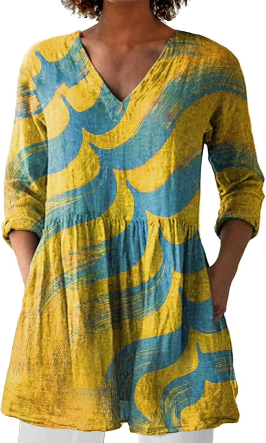 Summer 3/4 Sleeve Womens Tops V Neck Tunic Shirts Vintage Oversized T-Shirt Casual Baggy Boho Blouses Peasant Dress