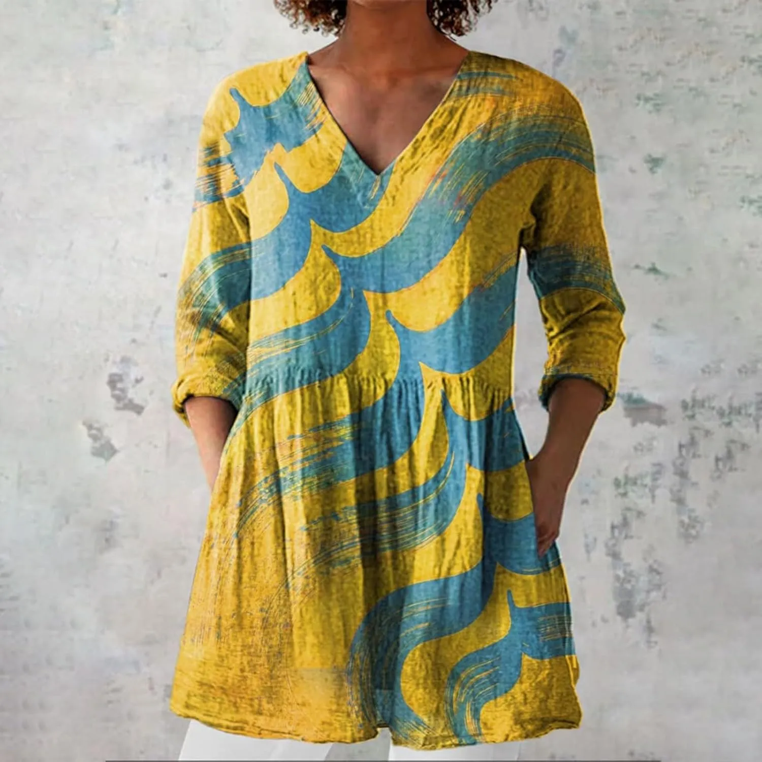 Summer 3/4 Sleeve Womens Tops V Neck Tunic Shirts Vintage Oversized T-Shirt Casual Baggy Boho Blouses Peasant Dress