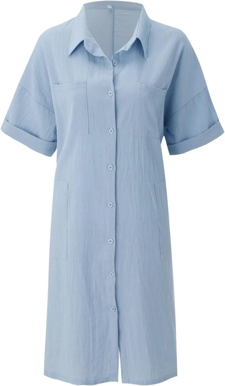 Summer Dresses for Women 2025 Classy Fitted Short Sleeve Button Knee Length Poplin Dress Church Spring Break Outfit Women
