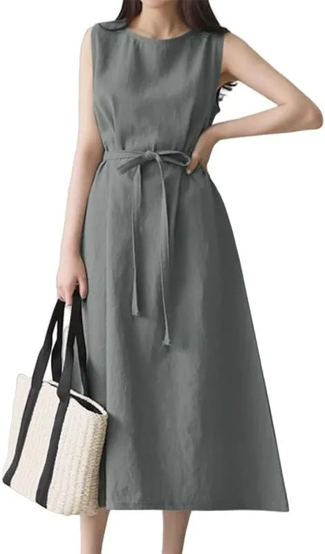 Summer Dresses for Women 2025 Vacation Maxi Sleeveless Round Neck Linen Dresses Tie Waist Casual Business Long Dress