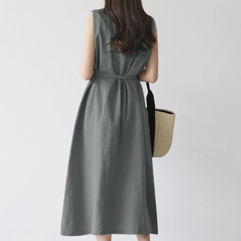Summer Dresses for Women 2025 Vacation Maxi Sleeveless Round Neck Linen Dresses Tie Waist Casual Business Long Dress