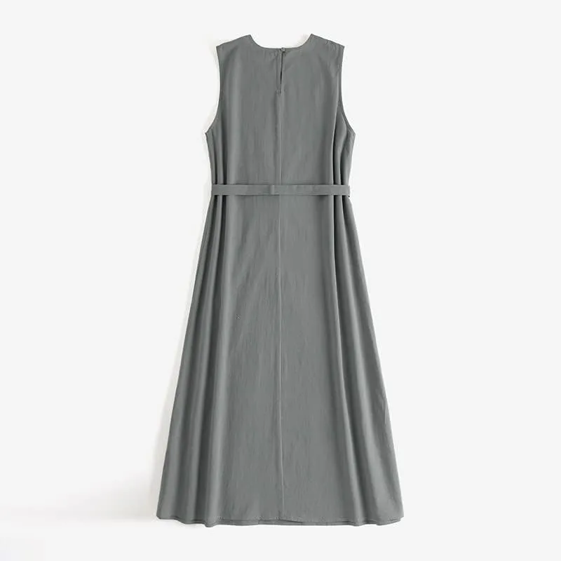 Summer Dresses for Women 2025 Vacation Maxi Sleeveless Round Neck Linen Dresses Tie Waist Casual Business Long Dress