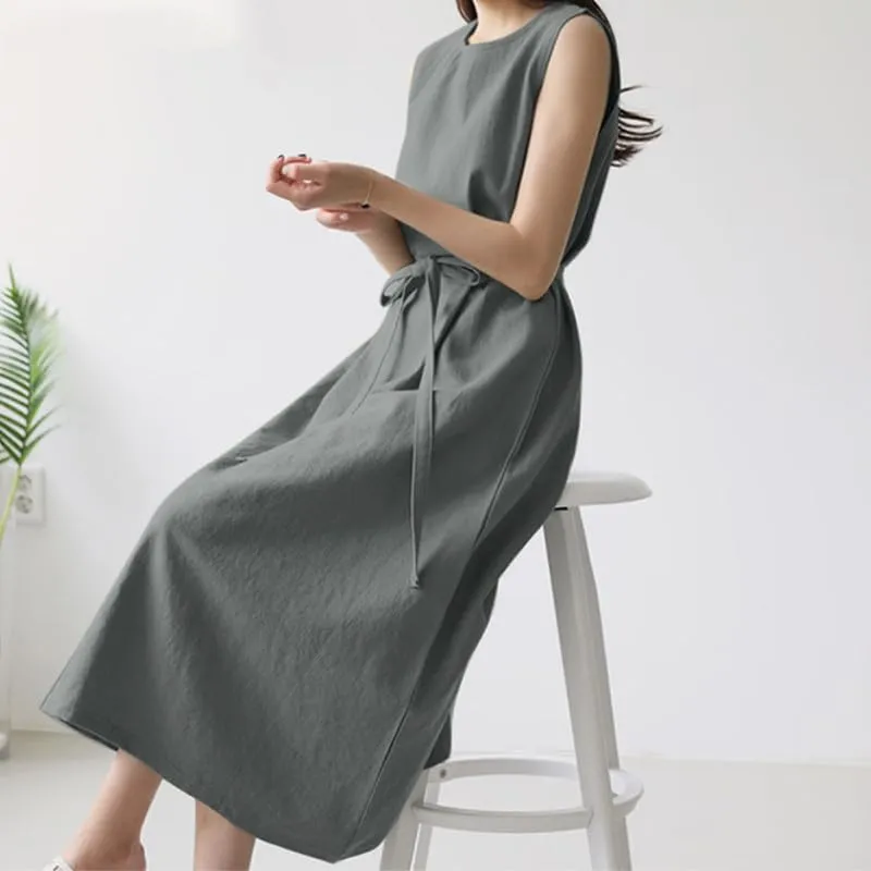 Summer Dresses for Women 2025 Vacation Maxi Sleeveless Round Neck Linen Dresses Tie Waist Casual Business Long Dress