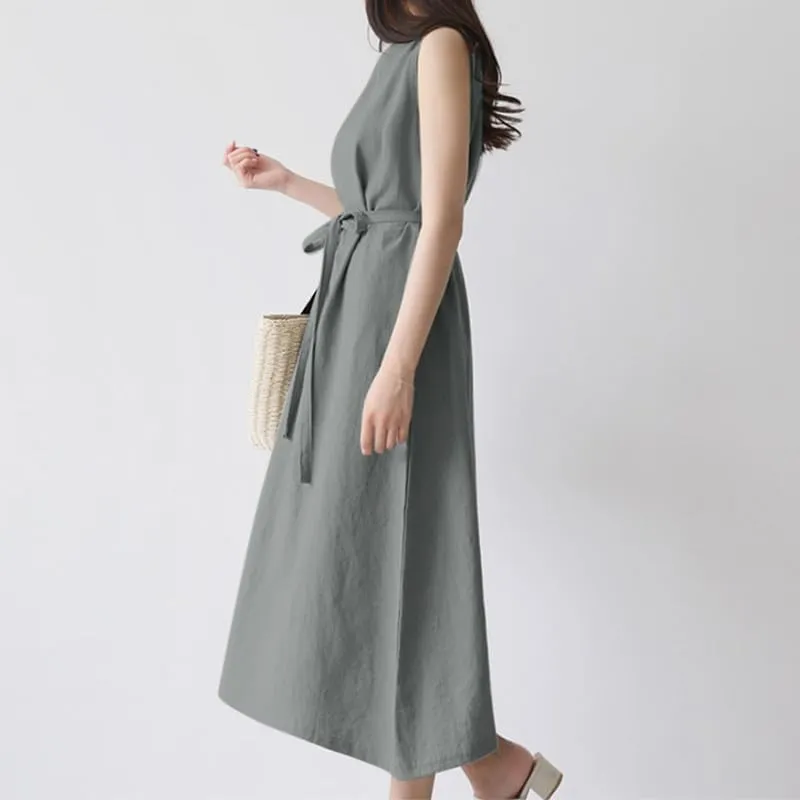 Summer Dresses for Women 2025 Vacation Maxi Sleeveless Round Neck Linen Dresses Tie Waist Casual Business Long Dress