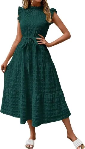 Summer Maxi Dresses for Women 2025 Flutter Short Sleeve Smocked Neck Long Dress Tiered Lace-up Wedding Guest Dress