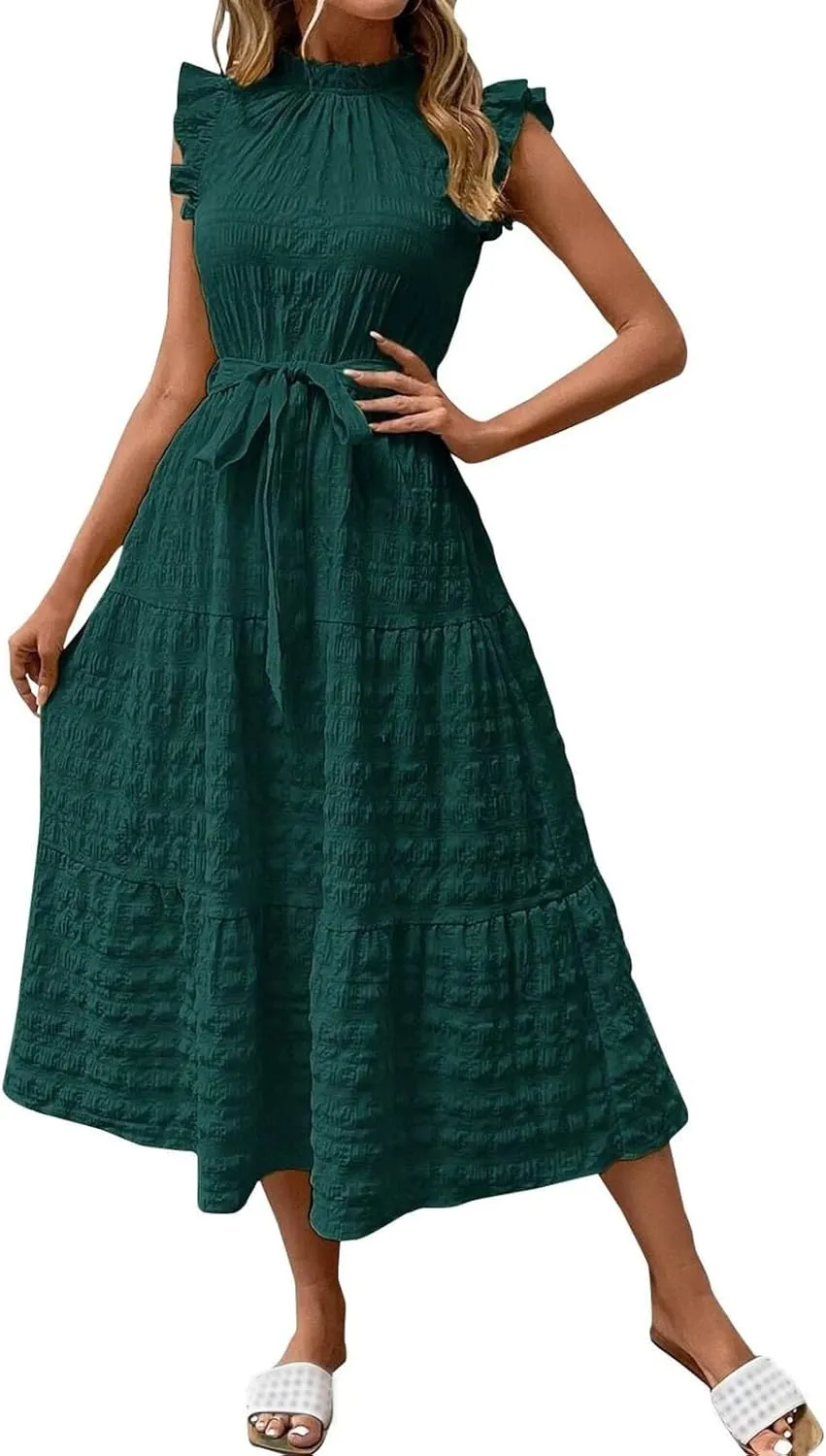 Summer Maxi Dresses for Women 2025 Flutter Short Sleeve Smocked Neck Long Dress Tiered Lace-up Wedding Guest Dress
