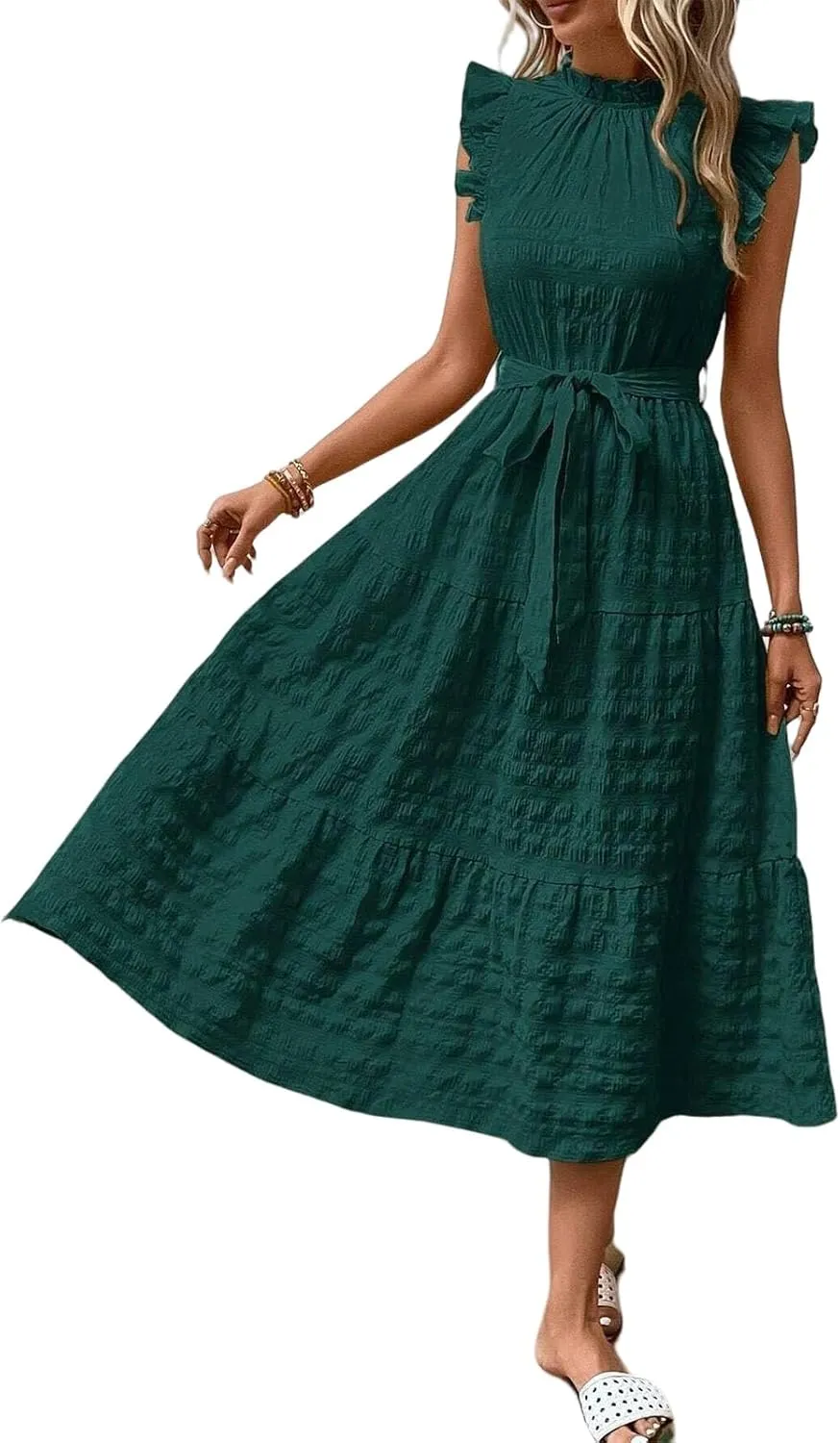 Summer Maxi Dresses for Women 2025 Flutter Short Sleeve Smocked Neck Long Dress Tiered Lace-up Wedding Guest Dress