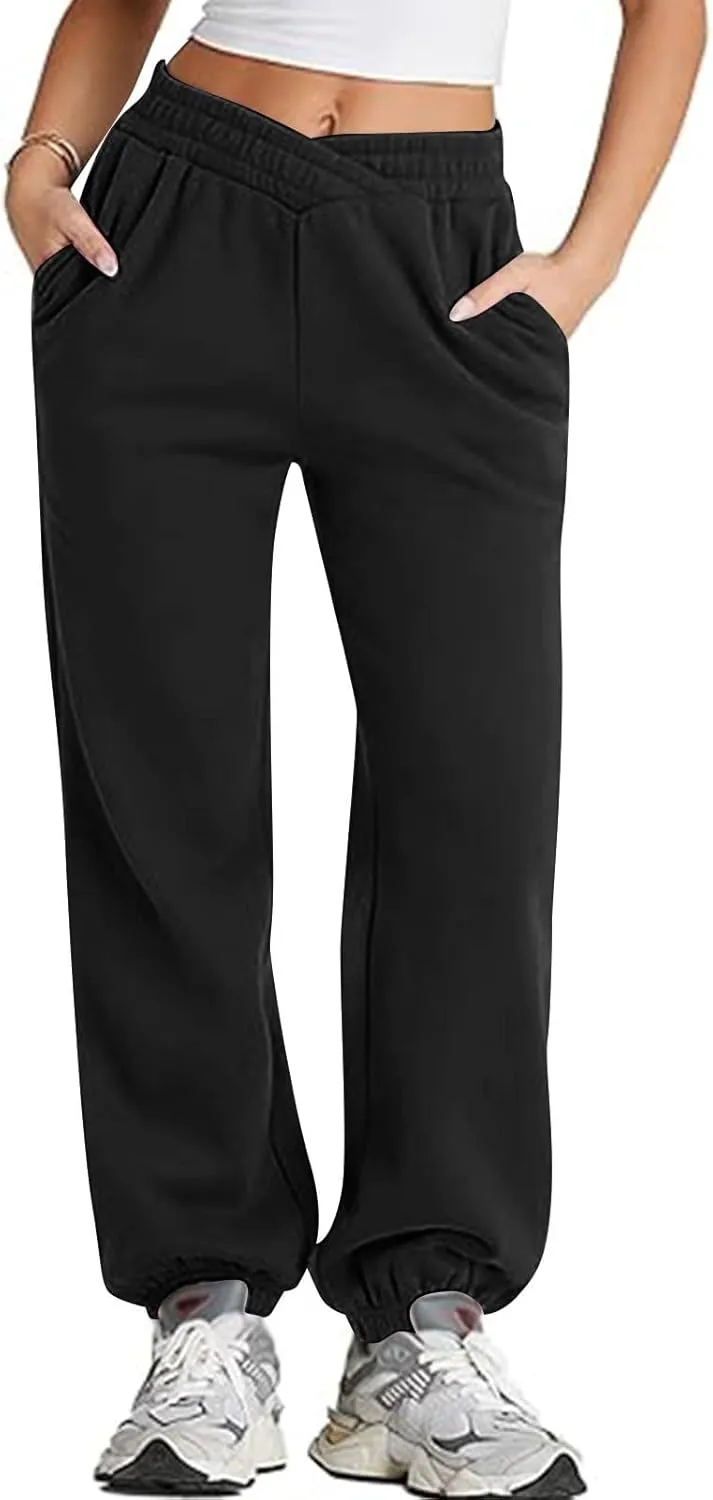 Sweatpants Women Baggy Crossover Waist Cotton Sweatpants Casual Joggers with Pockets Fleece Lined Cotton Joggers