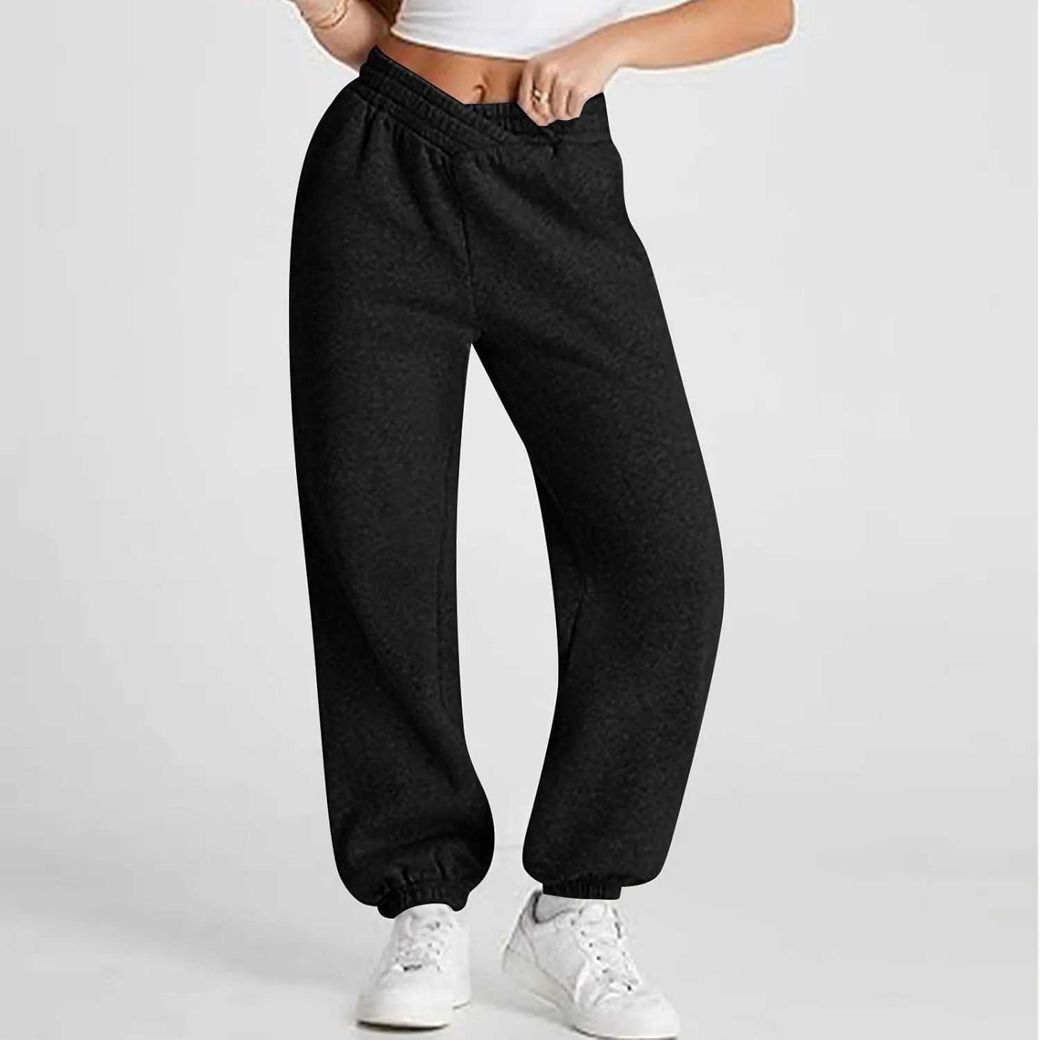 Sweatpants Women Baggy Crossover Waist Cotton Sweatpants Casual Joggers with Pockets Fleece Lined Cotton Joggers