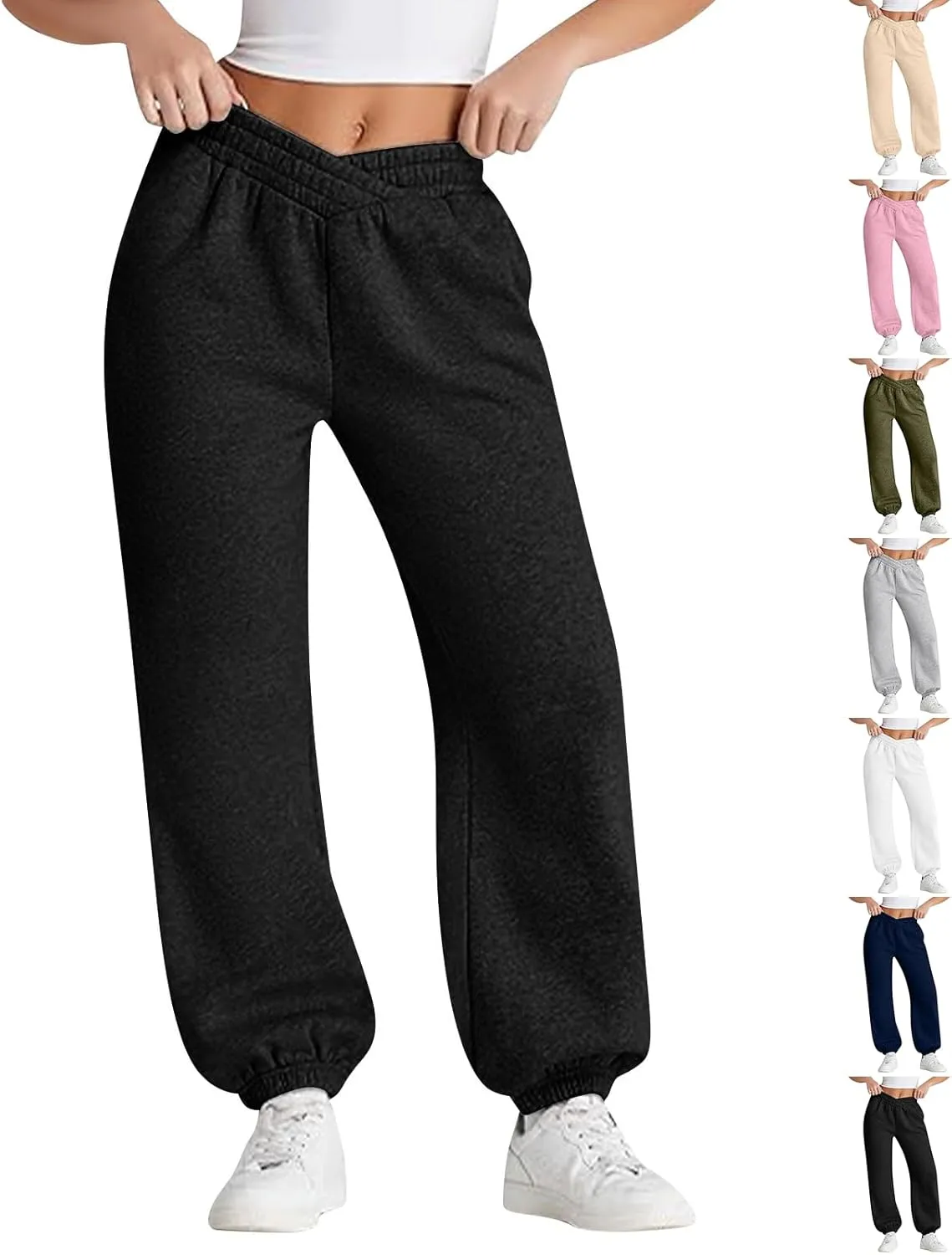 Sweatpants Women Baggy Crossover Waist Cotton Sweatpants Casual Joggers with Pockets Fleece Lined Cotton Joggers