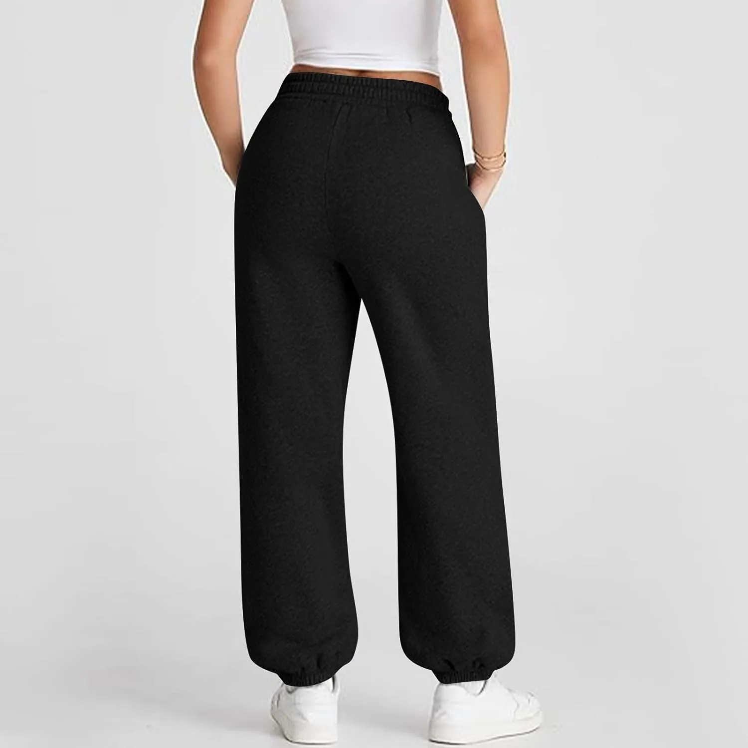 Sweatpants Women Baggy Crossover Waist Cotton Sweatpants Casual Joggers with Pockets Fleece Lined Cotton Joggers