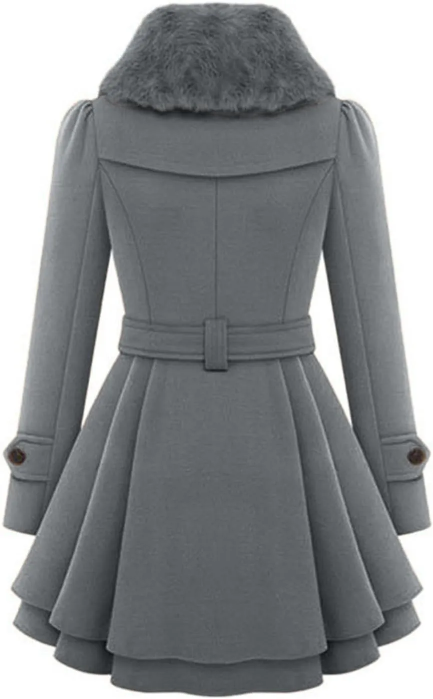 Winter Coats for Women Thick Warm Wool Blend Trench Coat Faux Fur Lapel Double-Breasted Peacoats with Belt