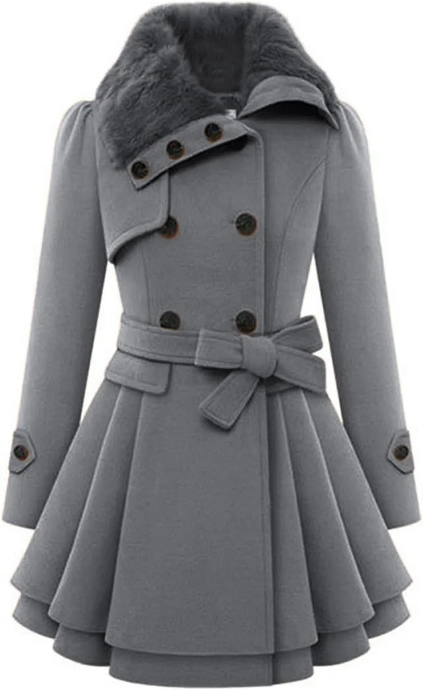 Winter Coats for Women Thick Warm Wool Blend Trench Coat Faux Fur Lapel Double-Breasted Peacoats with Belt