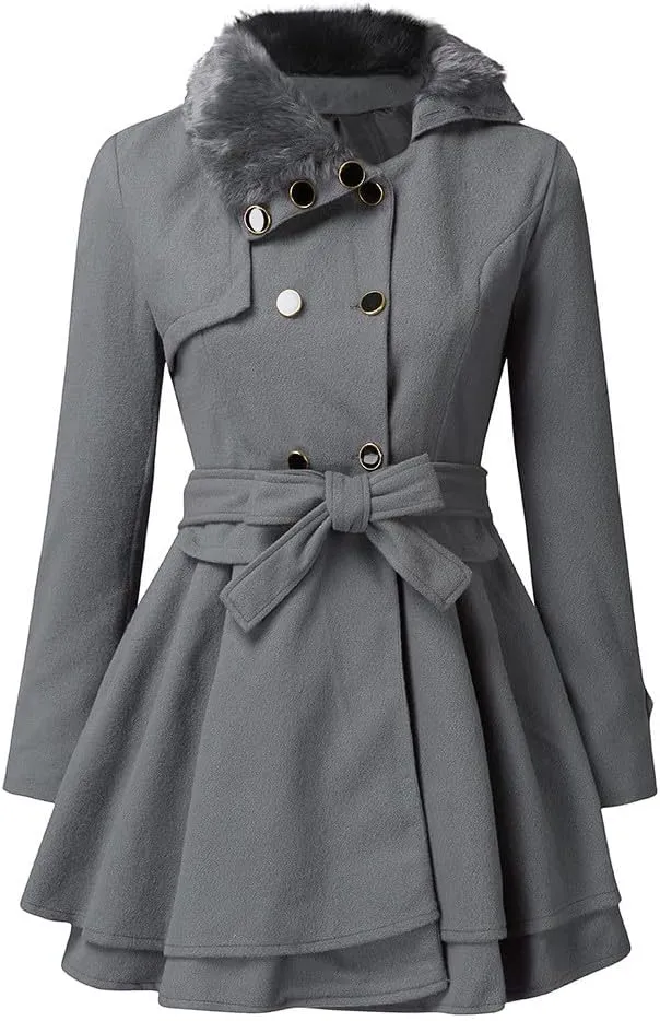 Winter Coats for Women Thick Warm Wool Blend Trench Coat Faux Fur Lapel Double-Breasted Peacoats with Belt