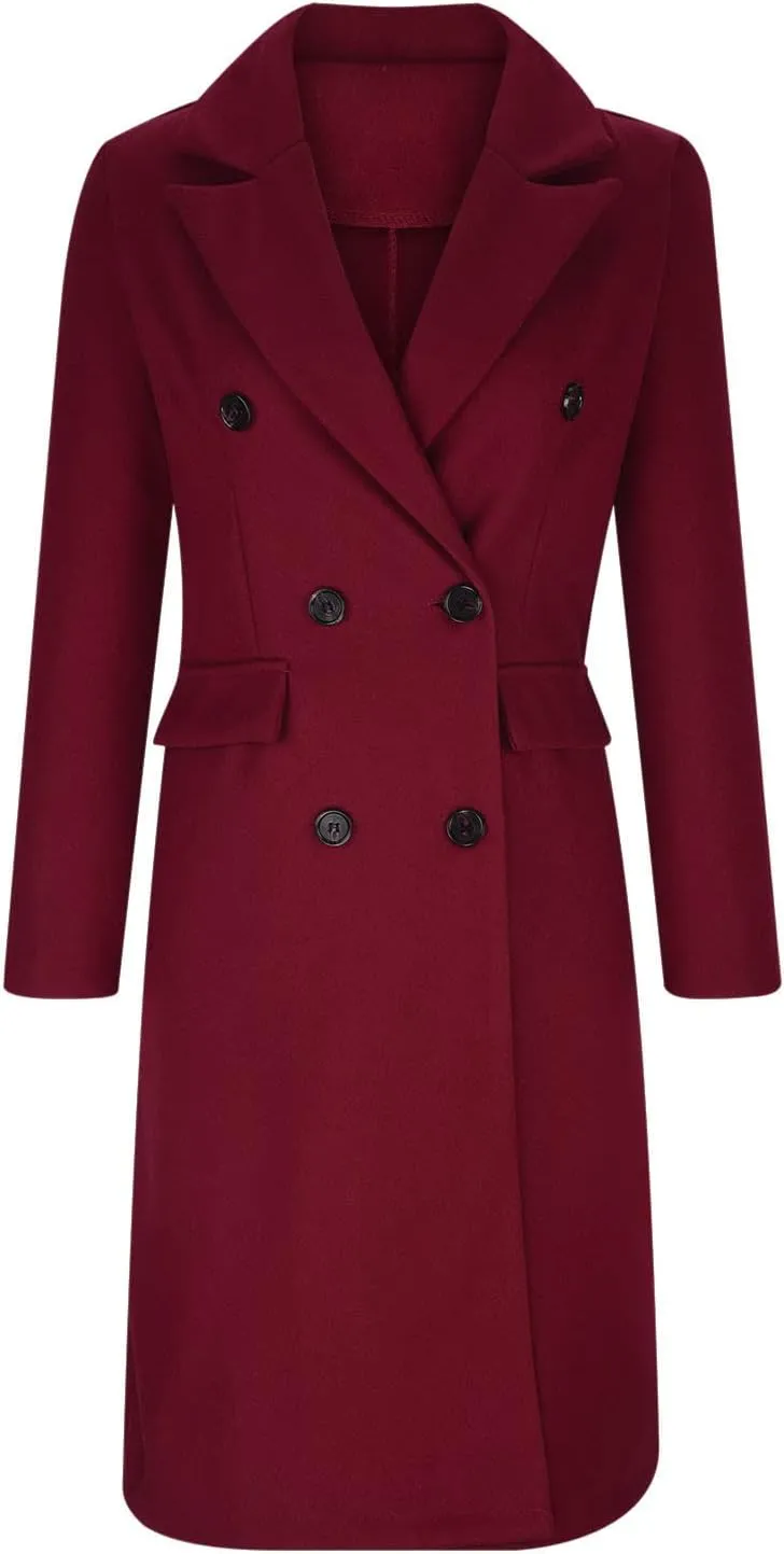 Winter Coats for Women Wool Blend Trench Coat Casual Notch Lapel Double-Breasted Mid Peacoat Overcoats