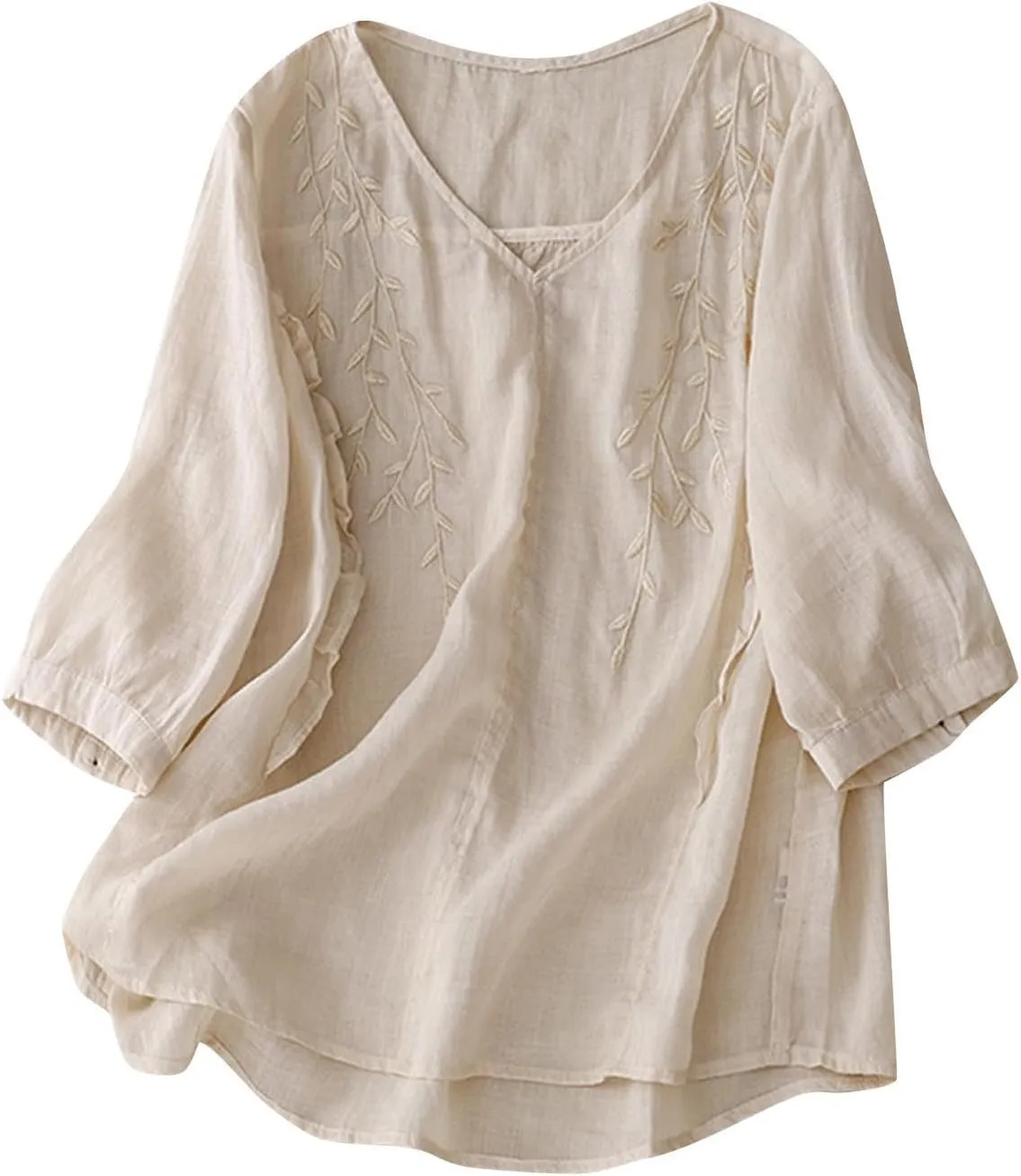 Women Cotton Linen Summer Tops Embroidered Bohemian Blouses Shirts 3/4 Sleeve Guaze Tunic Boho Style Peasant Outfits