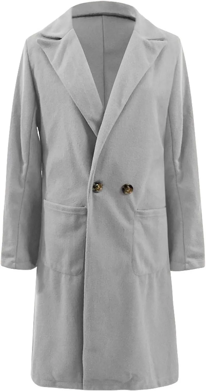 Women Long Coats Fashion Solid Wool Blend Trench Coat Casual Button Lapel Cardigan Jacket Elegant Peacoat