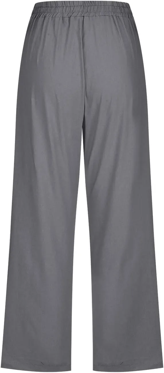 Women Pants High Waisted Wide Leg Pants Drawstring Elastic Trousers Comfy Straight Leg Long Pants with Pockets