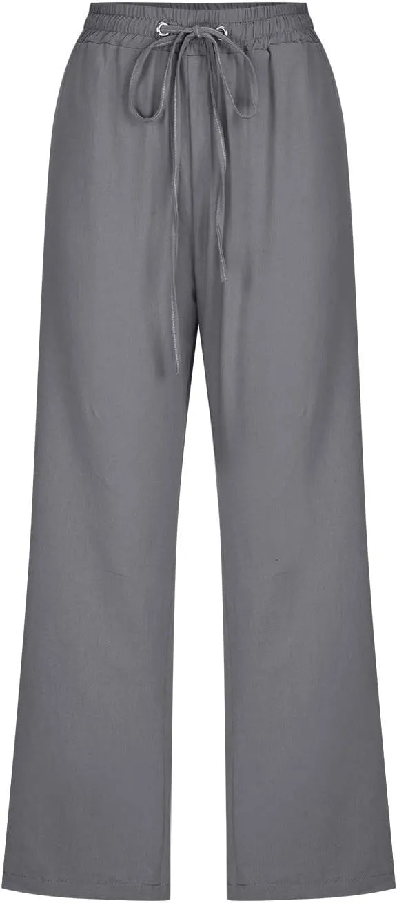 Women Pants High Waisted Wide Leg Pants Drawstring Elastic Trousers Comfy Straight Leg Long Pants with Pockets