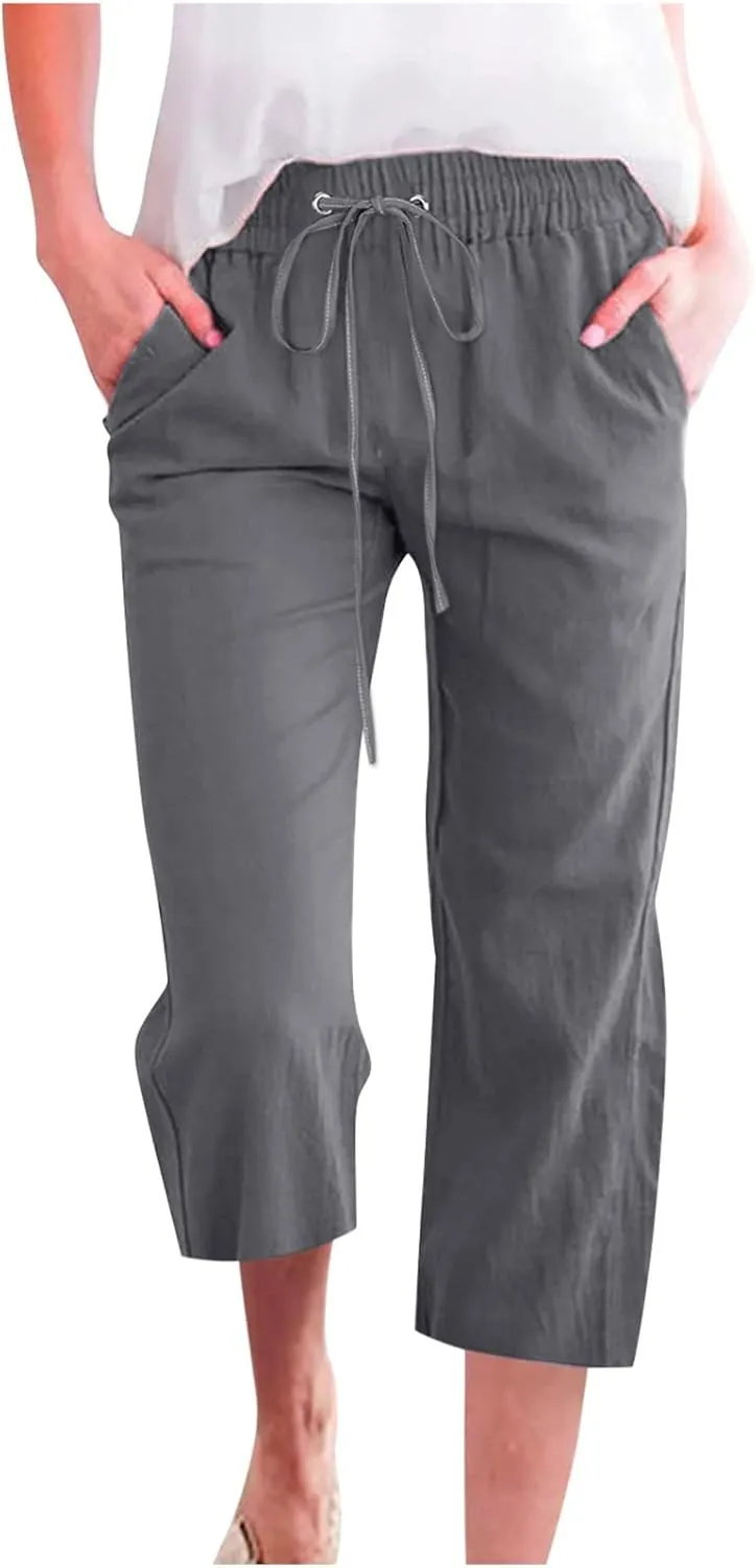 Women Pants High Waisted Wide Leg Pants Drawstring Elastic Trousers Comfy Straight Leg Long Pants with Pockets