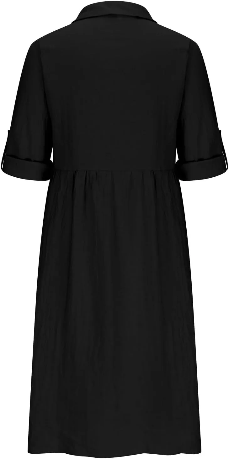 Women's Casual Lapel V Neck Boho Dress Long Sleeve High Waist Solid Color Smocked Flowy Ruffle Midi Dresses