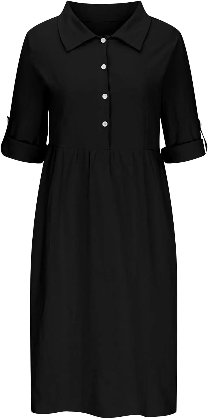 Women's Casual Lapel V Neck Boho Dress Long Sleeve High Waist Solid Color Smocked Flowy Ruffle Midi Dresses