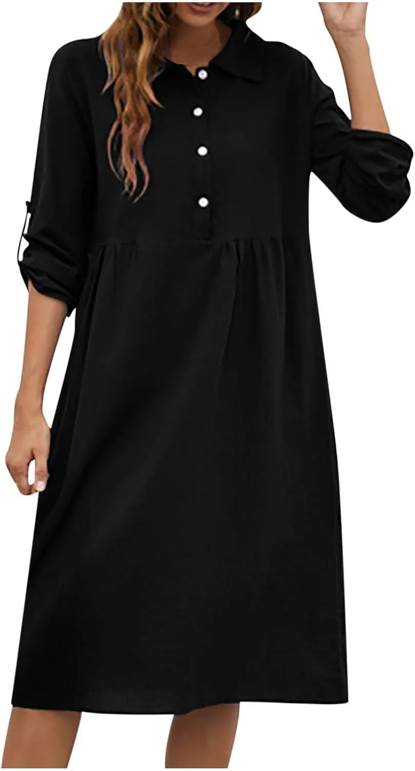 Women's Casual Lapel V Neck Boho Dress Long Sleeve High Waist Solid Color Smocked Flowy Ruffle Midi Dresses