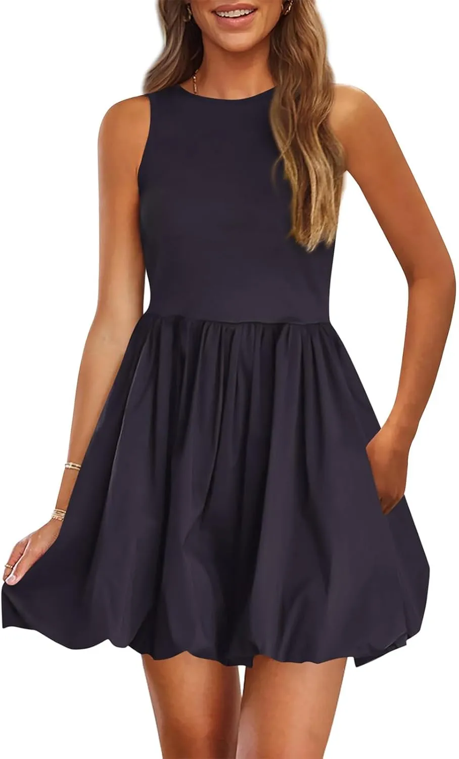 Womens Casual Summer Dresses Business Mini Dress Sleeveless Tank Short Dress Crew Neck Bubble Beach Sundress Pockets
