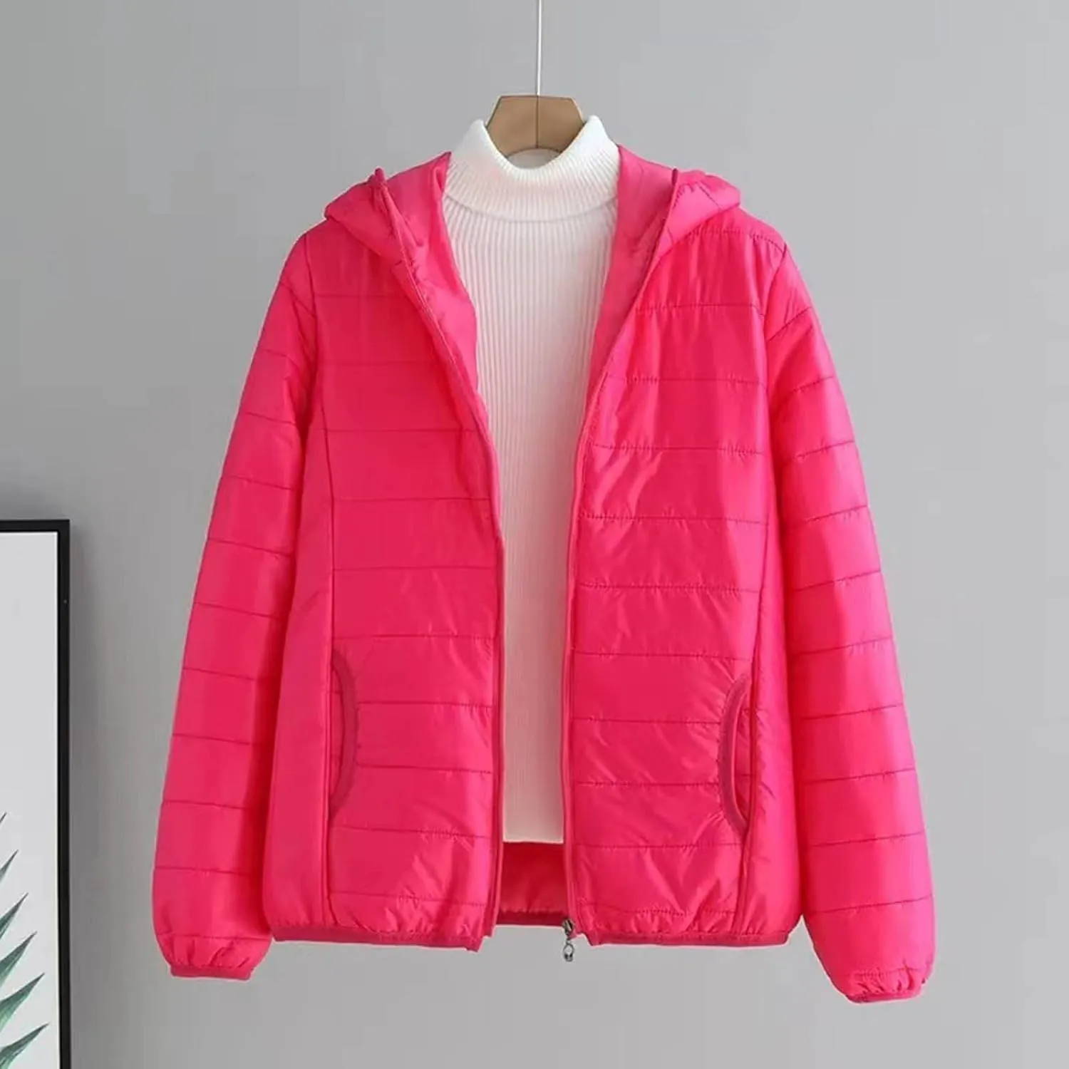 Womens Classic Solid Quilted Puffer Coat Long Sleeve Hooded Down Coat Casaul Warm Pocket Overcoat Daily Winter Clothes