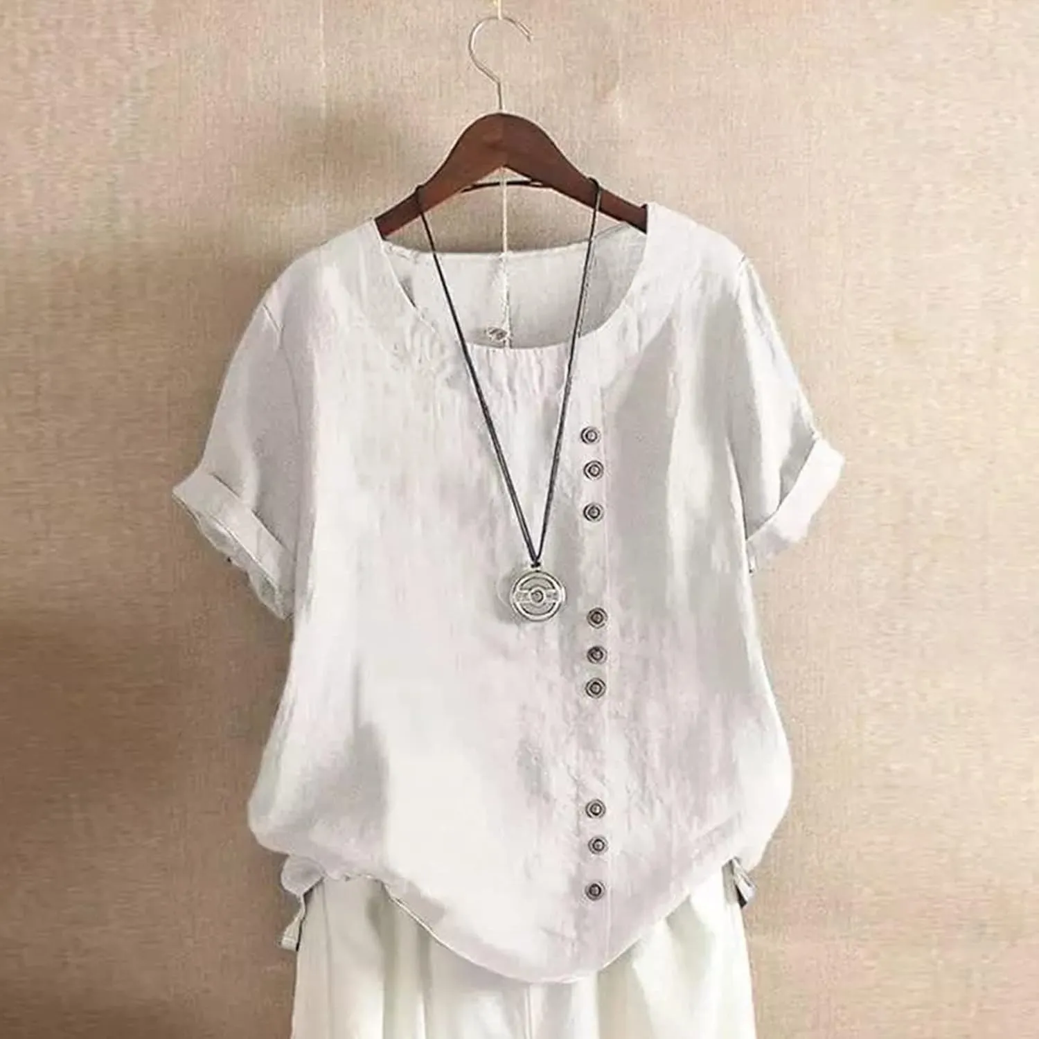 Womens Cotton Linen Button Down Shirt Short Sleeve Print Blouse Casual Crew Neck Tops Summer Flowy Tops for 2024