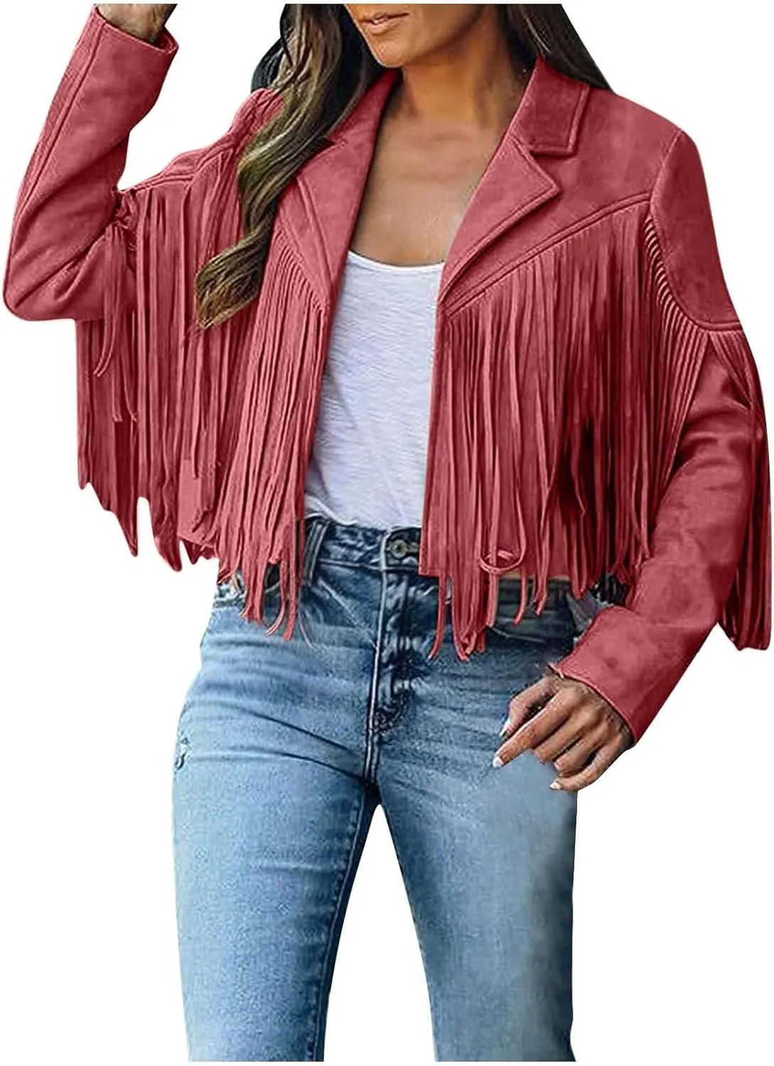 Women's Faux Suede Tassel Jacket Trendy Fringe Coats Long Sleeve Moto Biker Open Front Cardigan Coat Outwear