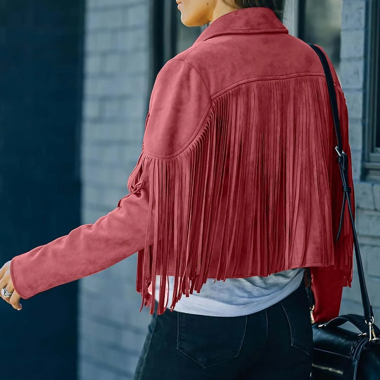 Women's Faux Suede Tassel Jacket Trendy Fringe Coats Long Sleeve Moto Biker Open Front Cardigan Coat Outwear