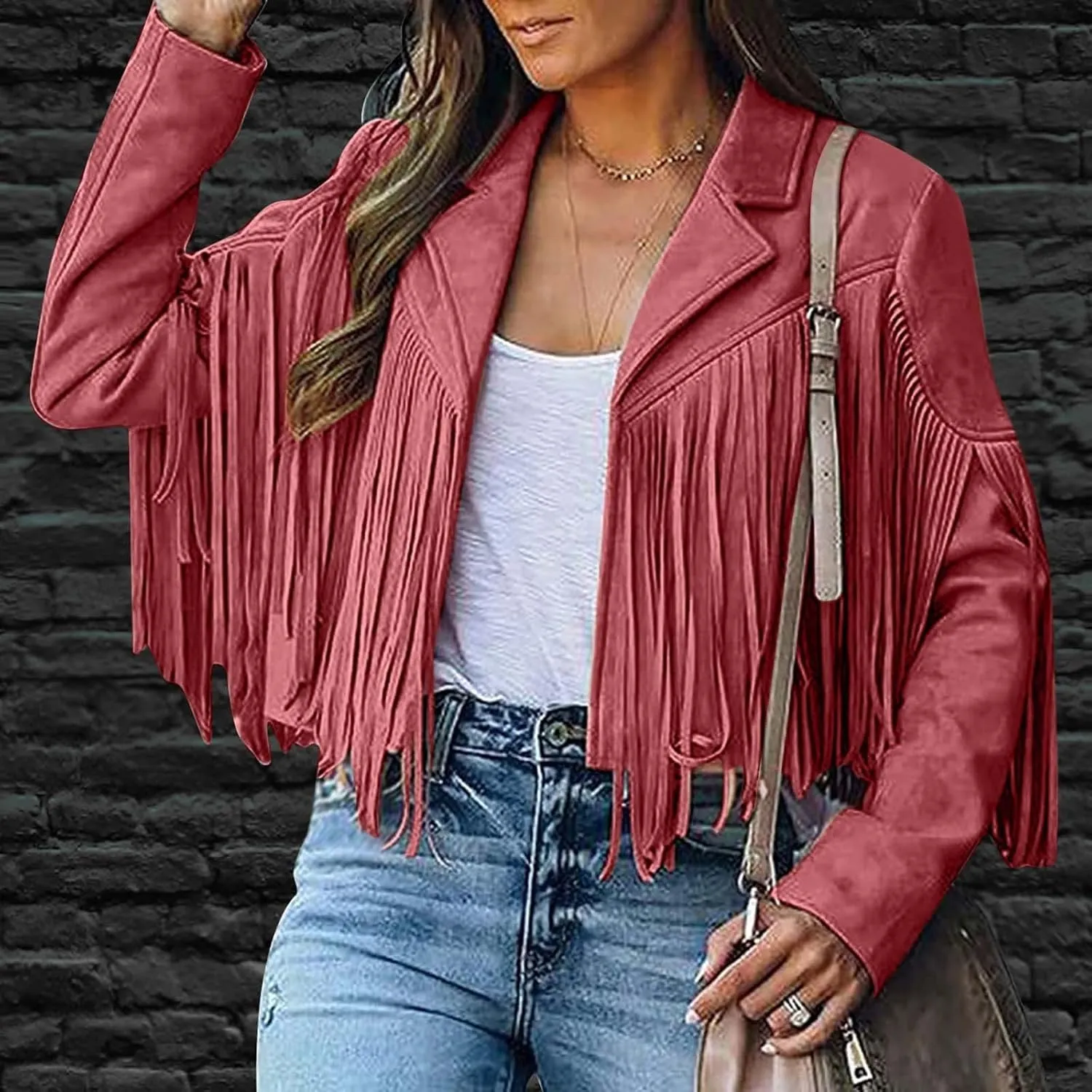 Women's Faux Suede Tassel Jacket Trendy Fringe Coats Long Sleeve Moto Biker Open Front Cardigan Coat Outwear