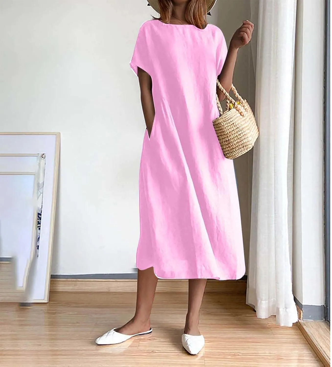 Women's Flowy Cotton Linen Dress Summer Beach Casual Loose Short Sleeve Round Neck Baggy Basic Solid Color Long Dress
