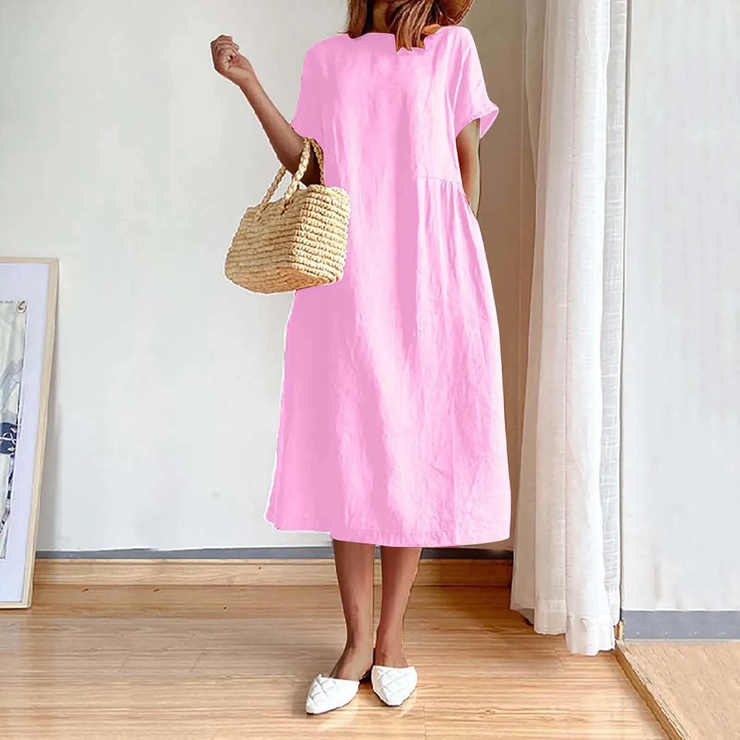 Women's Flowy Cotton Linen Dress Summer Beach Casual Loose Short Sleeve Round Neck Baggy Basic Solid Color Long Dress