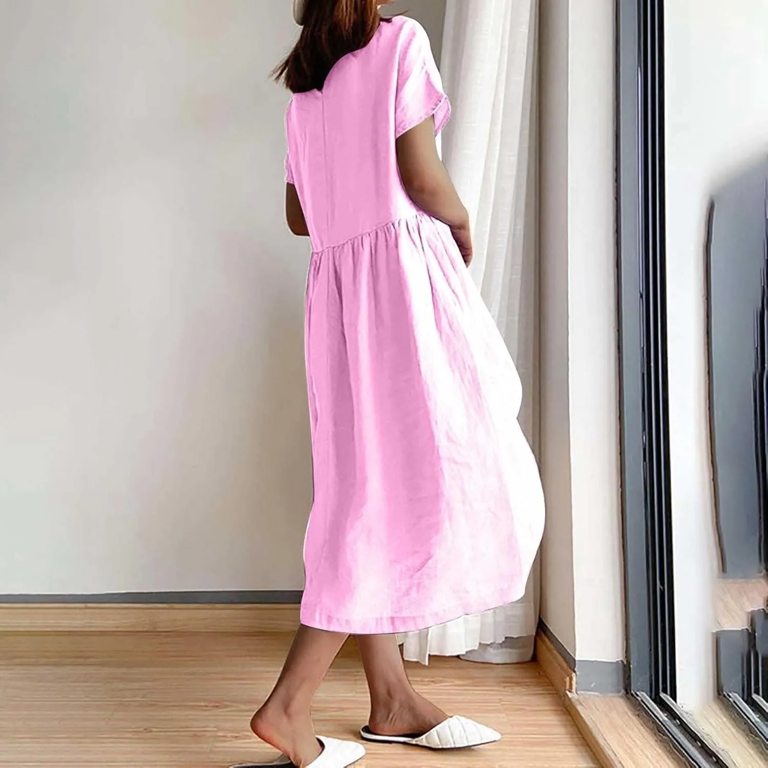 Women's Flowy Cotton Linen Dress Summer Beach Casual Loose Short Sleeve Round Neck Baggy Basic Solid Color Long Dress
