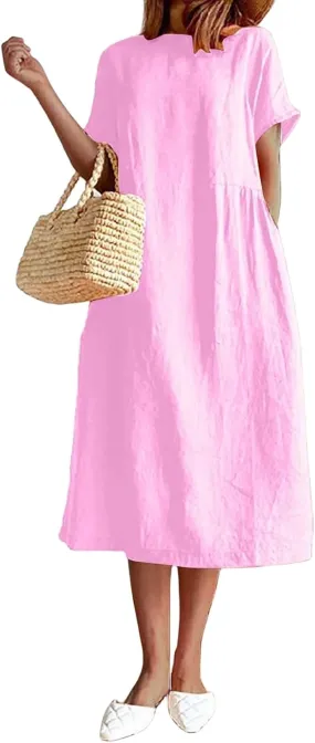 Women's Flowy Cotton Linen Dress Summer Beach Casual Loose Short Sleeve Round Neck Baggy Basic Solid Color Long Dress