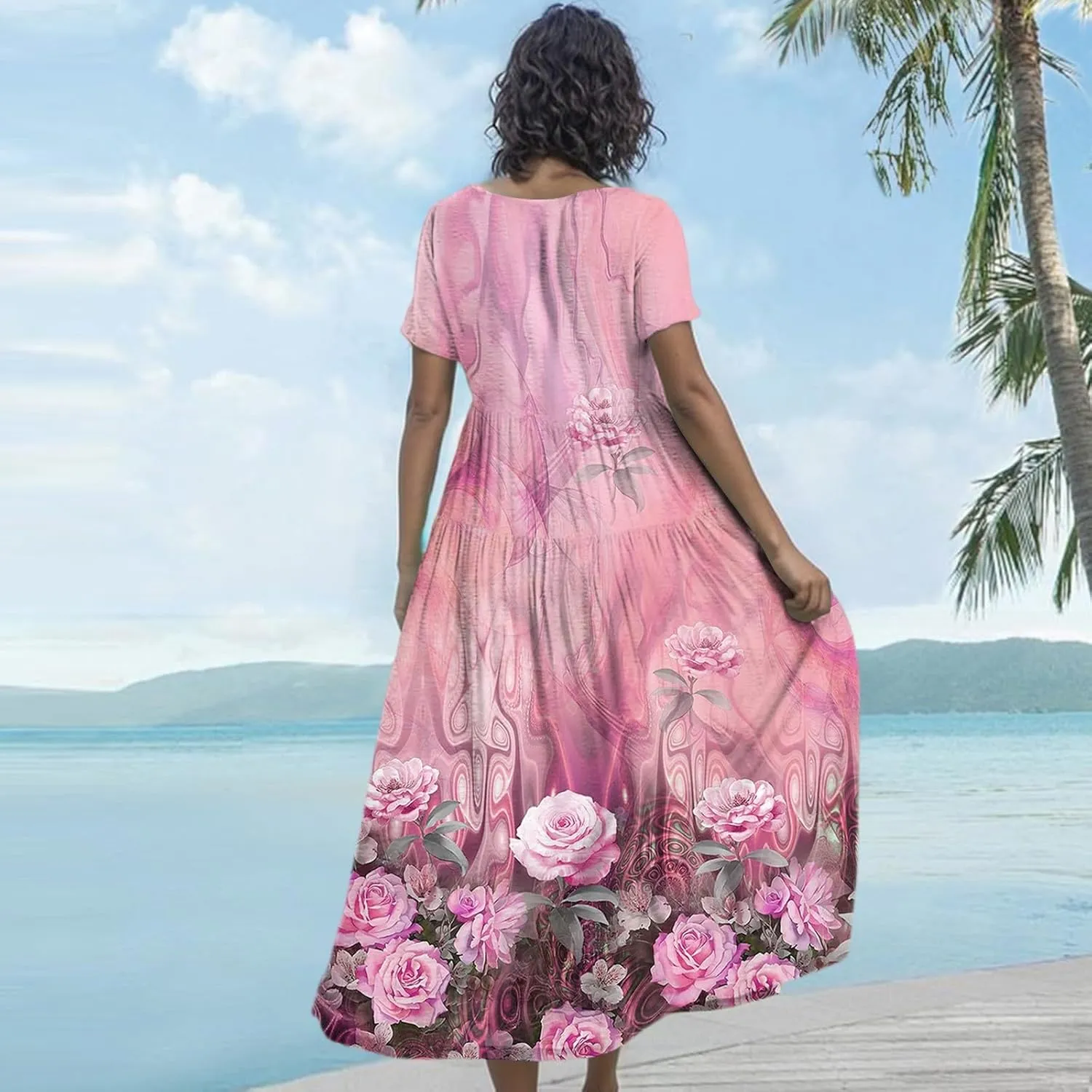 Womens Summer Dresses 2025 Casual Loose Short Sleeve Crewneck Sundresses Boho Floral Hawaiian Beach Dresses