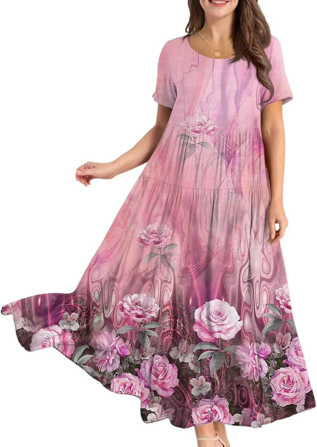 Womens Summer Dresses 2025 Casual Loose Short Sleeve Crewneck Sundresses Boho Floral Hawaiian Beach Dresses