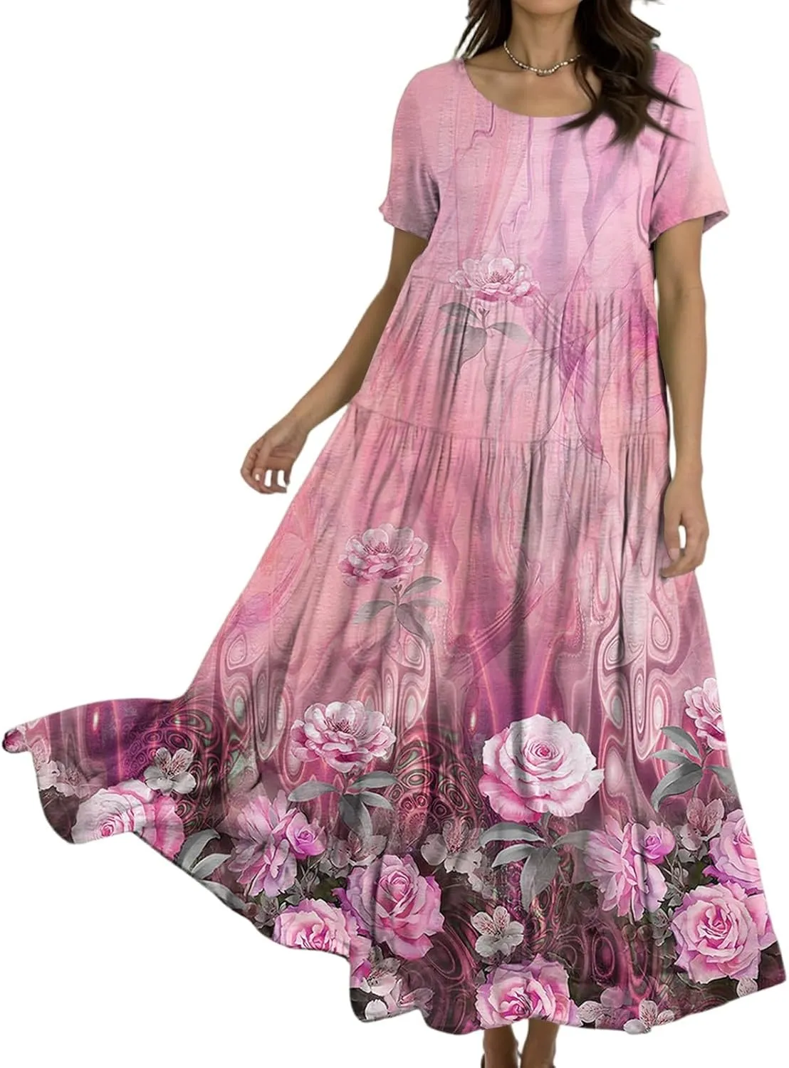 Womens Summer Dresses 2025 Casual Loose Short Sleeve Crewneck Sundresses Boho Floral Hawaiian Beach Dresses