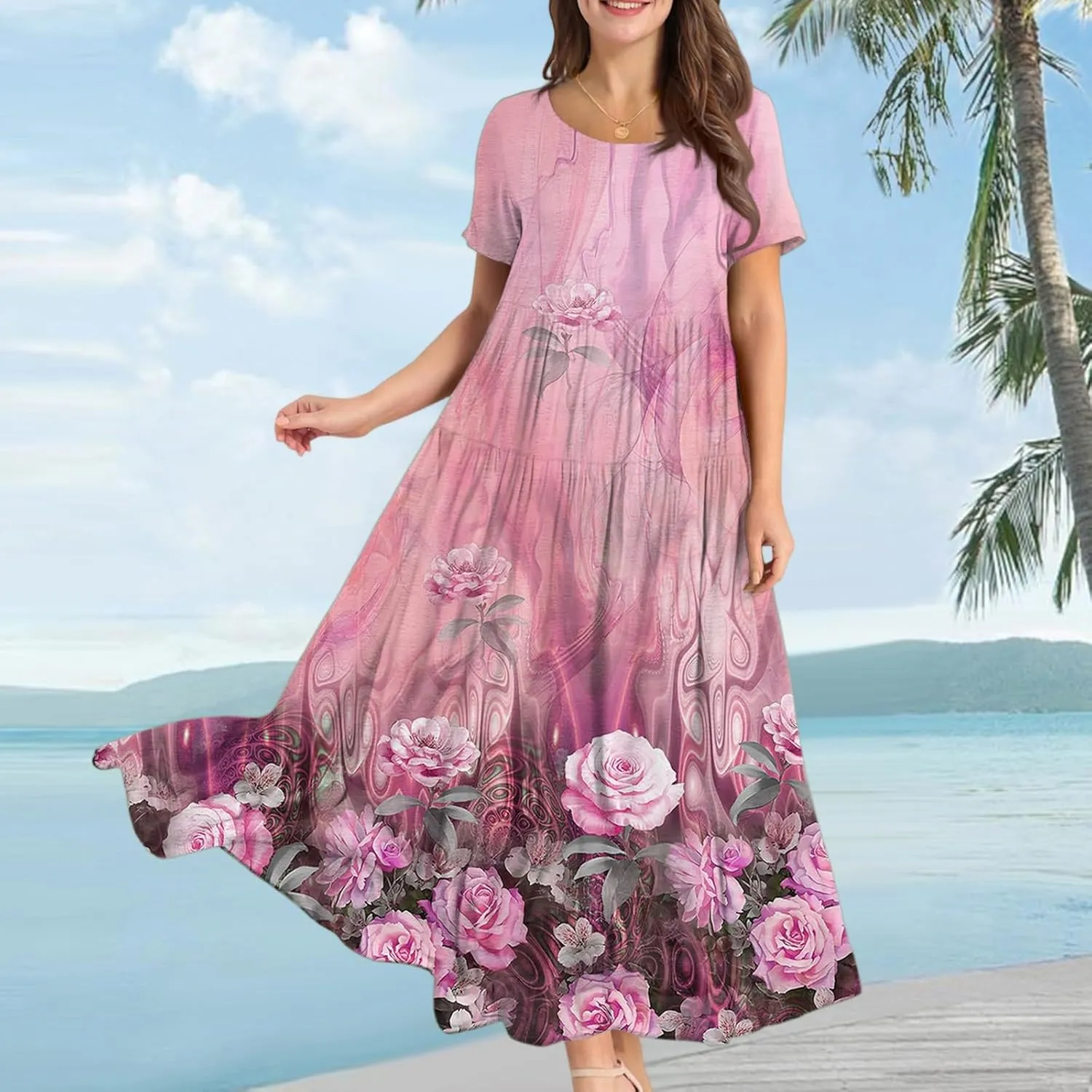 Womens Summer Dresses 2025 Casual Loose Short Sleeve Crewneck Sundresses Boho Floral Hawaiian Beach Dresses