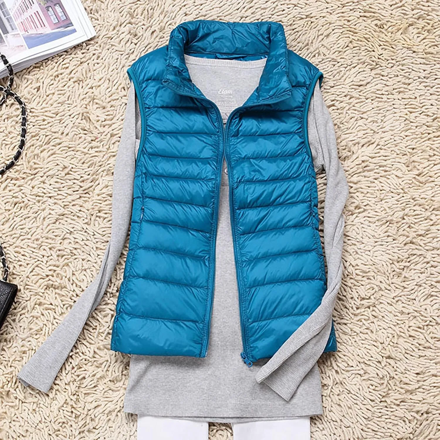 Womens Vests Outerwear Lightweight Casual Sleeveless Collar Quilted Down Jackets Fashion Classic-Fit Zip Padded Puffer Vest