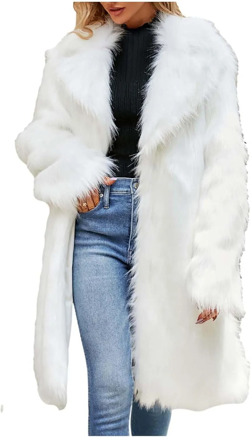 Women's Winter Faux Fur Coats Fuzzy Luxury Faux Fur Mid-Length Jacket Fluffy Thicken Long Sleeve Open Front Cardigan