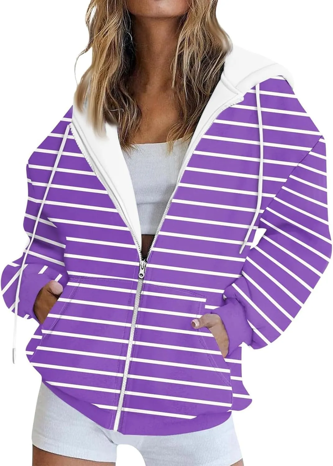 Womens Zip Up Hoodies Casual Color Block Jackets Stripe Drawstring Hooded Long Sleeve Sweatshirts