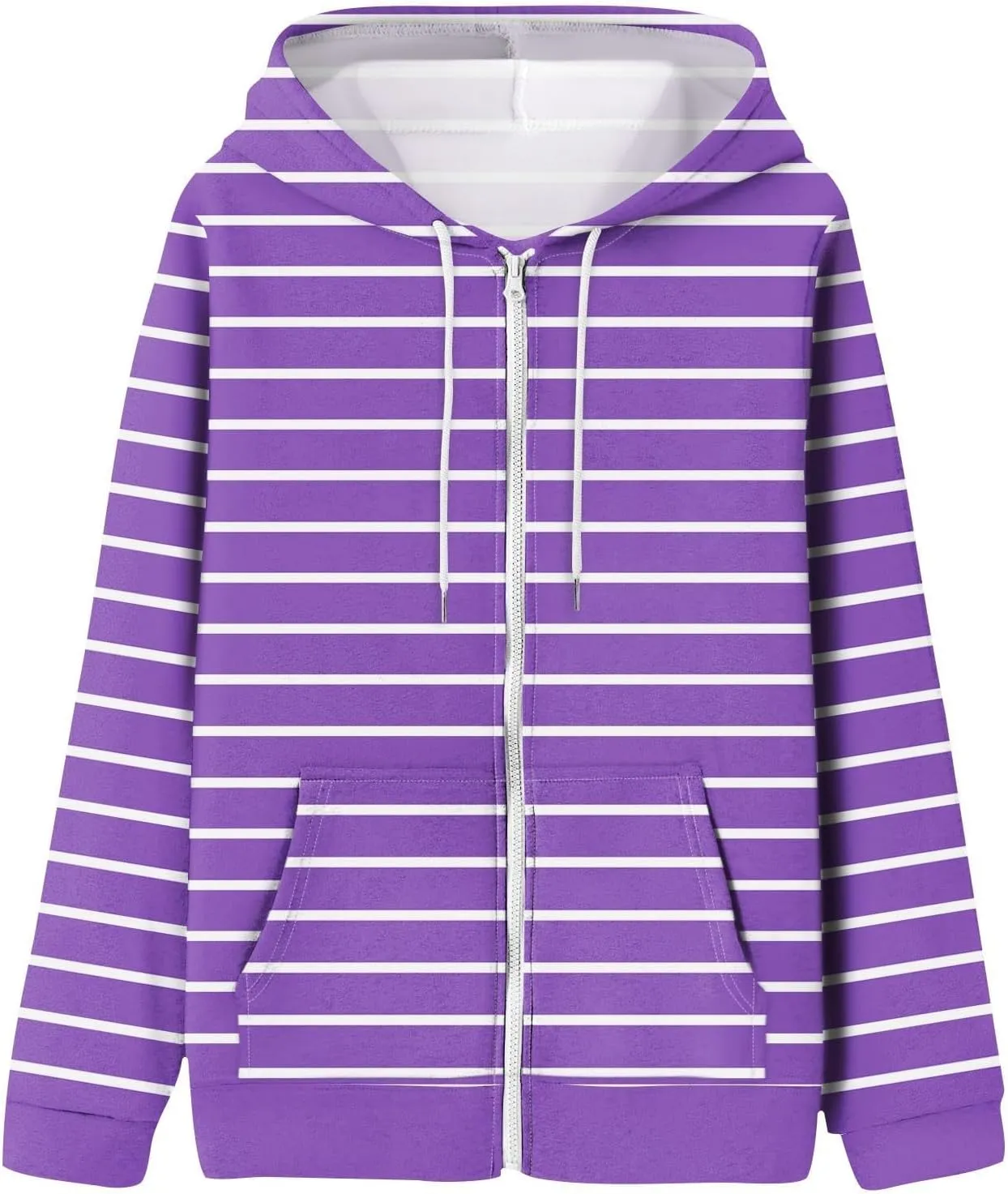 Womens Zip Up Hoodies Casual Color Block Jackets Stripe Drawstring Hooded Long Sleeve Sweatshirts